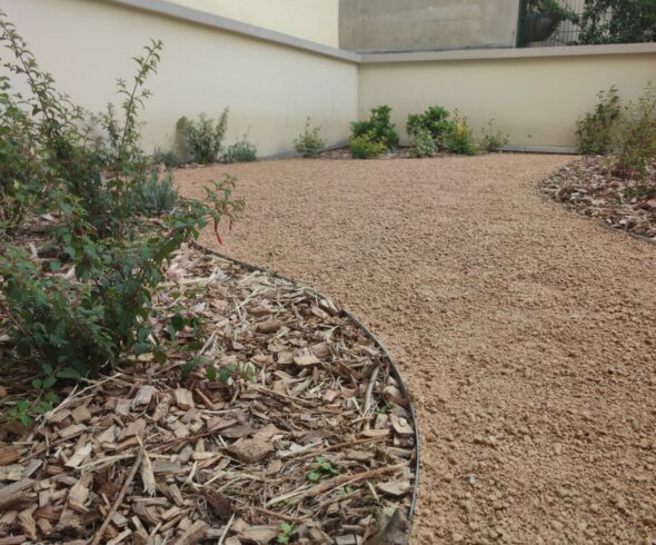 Création d'un jardin Saint-Genis-Laval Allée en gravier stabilisé bordée de massifs paillés