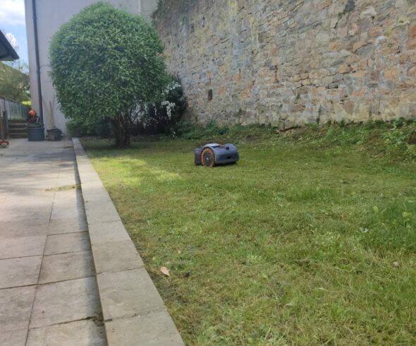 Installation d'un robot tonte Lyon 4 Robot tondeuse sur une pelouse au pied d'un mur en pierre